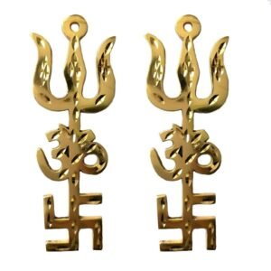 Trishakti Yantra for Door Brass Swastik Om Trishul Yantra for Home Wall Size- 4inch, Pack of- 2